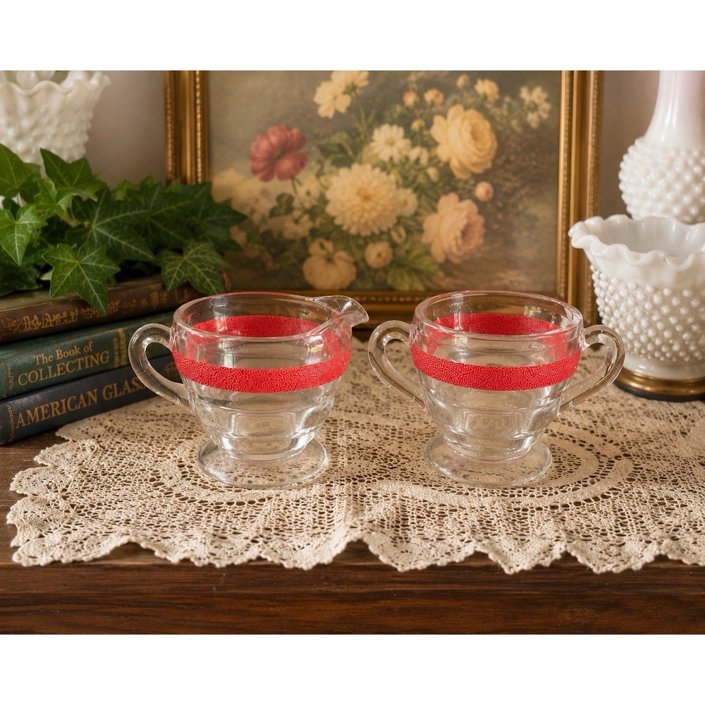 Vintage Glass Sugar Bowl & Creamer Set Red Textured Stripe Gold Band 1950s